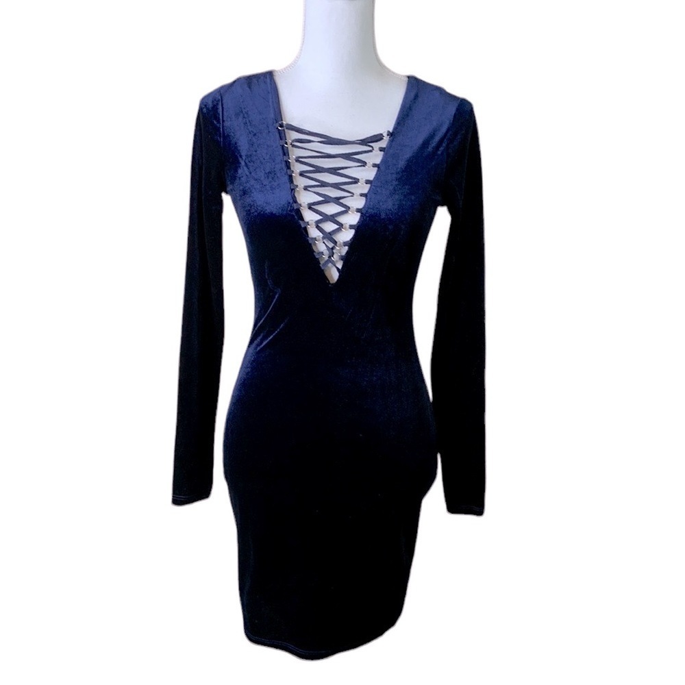 Ecote Navy Velvet Lace Up Witchy Core Gothic Dress Size XS New with tags!